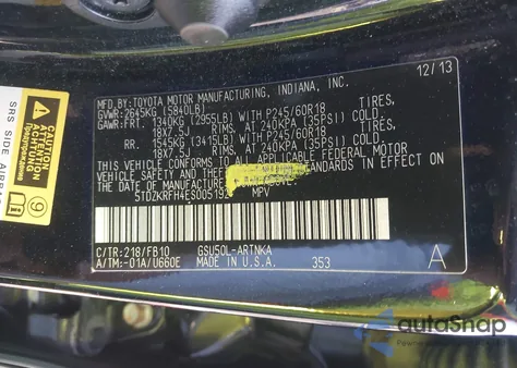 2014 Toyota Highlander Le Plus V6/Le V6 from USA, damaged, VIN 5TDZKRFH4ES005192